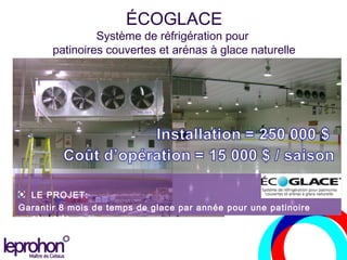 ÉCOGLACE
Système de réfrigération pour
patinoires couvertes et arénas à glace naturelle
LE PROJET:
Garantir 8 mois de temps de glace par année pour une patinoire
couverte
 