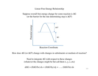 Linear Free Energy Relationship	

Suppose overall free energy change for some reaction is ΔG	

(or the barrier for the rate determining step is ΔG‡)	

ΔG‡!
ΔG	

Reaction Coordinate	

How does ΔG (or ΔG‡) change with changes in substituents or medium of reaction?	

Need to integrate ΔG with respect to these changes 	

(whatever the changes might be but call them x, y, z, etc)	

dΔG = (δΔG/δx) dx + (δΔG/δy) dy + ….. (δΔG/δz) dz	

222	
  
 
