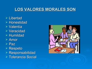 LOS VALORES MORALES SON
   Libertad
   Honestidad
   Valentía
   Veracidad
   Humildad
   Amor
   Paz
   Respeto
   Responsabilidad
   Tolerancia Social
 