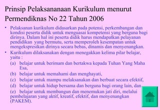 Prinsip Pelaksananaan Kurikulum menurut
Permendiknas No 22 Tahun 2006
• Pelaksanan kurikulum didasarkan pada potensi, perkembangan dan
  kondisi peserta didik untuk menguasai kompetensi yang berguna bagi
  dirinya. Dalam hal ini peserta didik harus mendapatkan pelayanan
  pendidikan yang bermutu, serta memperoleh kesempatan untuk
  mengekspresikan dirinya secara bebas, dinamis dan menyenangkan.
• Kurikulum dilaksanakan dengan menegakkan kelima pilar belajar,
  yaitu :
  (a) belajar untuk berimam dan bertakwa kepada Tuhan Yang Maha
       Esa,
  (b) belajar untuk memahami dan menghayati,
  (c) belajar untuk mampu melaksanakan dan berbuat secara efektif,
  (d) belajar untuk hidup bersama dan berguna bagi orang lain, dan
  (e) belajar untuk membangun dan menemukan jati diri, melalui
  pembelajaran yang aktif, kreatif, efektif, dan menyenangkan
  (PAKEM).
 