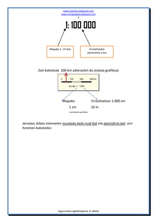 www.hipialtza.blogspot.com
                          www.margarigela.blogspot.com
                                       3




                  Mapako 1 zm bat                      Errealitateko
                                                     zentimetro:1 km




          Zati bakoitzak 100 km adierazten du (eskala grafikoa)




                           Mapako                        Errealitatean 1.000 zm
                                1 zm                     10 m
                                 (zenbakizko grafikoa)




Jarraian, bilatu Interneten munduko bola irudi bat eta planisferio bat orri
honetan kokatzeko:




                        Inguruneko egokitzapena. 6. Maila
 