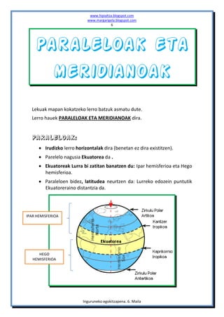 www.hipialtza.blogspot.com
                             www.margarigela.blogspot.com
                                          6




    Paraleloak eta
      meridianoak
  Lekuak mapan kokatzeko lerro batzuk asmatu dute.
  Lerro hauek PARALELOAK ETA MERIDIANOAK dira.


  PARALELOAK:
       Irudizko lerro horizontalak dira (benetan ez dira existitzen).
       Parelelo nagusia Ekuatorea da .
       Ekuatoreak Lurra bi zatitan banatzen du: Ipar hemisferioa eta Hego
        hemisferioa.
       Paraleloen bidez, latitudea neurtzen da: Lurreko edozein puntutik
        Ekuatoreraino distantzia da.




IPAR HEMISFERIOA




      HEGO
   HEMISFERIOA




                           Inguruneko egokitzapena. 6. Maila
 