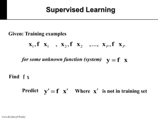 Supervised Learning

Given: Training examples

x1 , f x1

, x2 , f x2

,..., x P , f x P

for some unknown function (system) y

f x

Find f x
Predict

www.decideo.fr/bruley

y

f x

Where x

is not in training set

 
