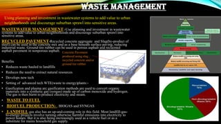 WASTE MANAGEMENT
WASTEWATER MANAGEMENT:-Use planning and investment in wastewater
systems to add value to urban neighborhoods and discourage suburban sprawl into
sensitive areas.
RECYCLED PAVEMENT-Recycled concrete aggregate and Slag(by-product of
steel) can be used in the concrete mix and as a base beneath surface paving, reducing
industrial waste. Ground tire rubber can be used in porous asphalt and reclaimed
asphalt pavement in nonporous asphalt.
Benefits
• Reduces waste hauled to landfills
• Reduces the need to extract natural resources
• Develops new tech
• Setting of advanced tech WTE(waste to energy)plants:-
• Gasification and plasma arc gasification methods are used to convert organic
materials into a synthetic gas (syngas) made up of carbon monoxide and hydrogen.
The gas is then burnt to produce electricity and steam.
• WASTE TO FUEL
• BIOFUEL PRODUCTION- . BIOGAS and SYNGAS
• LANDFILL gas also has an up-and-coming role in this field. Most landfill-gas-
to-energy projects involve turning otherwise harmful emissions into electricity to
power homes. But it is also being increasingly used as a vehicle fuel or as a
substitute for mains household gas supply.
Concrete Pavement
produced using slag ,
recycled concrete and/or
ground tire rubber
Using planning and investment in wastewater systems to add value to urban
neighborhoods and discourage suburban sprawl into sensitive areas.
 