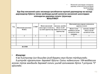 •13
Т/р
Жисмоний шахснинг
Ф.И.О.
СТИР
Жами жисмоний
шахсларга тўланган
мулкий даромадлар
шундан, ҳисобот
ойида тўлаб
берилган мулкий
даромадлар
Жисмоний шахслардан олинадиган
даромад солиғи
Жами тўлов
манбаида ушлаб
қолинган солиқ
суммаси
шундан, ҳисобот
ойида ушлаб
қолинган солиқ
1 2 3 4 5 6 7
ЖАМИ
• Жисмоний шахслардан олинадиган
даромад солиғи ва ягона ижтимоий
Ҳисоб-китобига
6-ИЛОВА
Ҳар бир жисмоний шахс кесимида ҳисобланган мулкий даромадлар ва мазкур
даромадлар бўйича тўлов манбаида ушлаб қолинган жисмоний шахслардан
олинадиган даромад солиғи тўғрисида
МАЪЛУМОТ
• Изоҳлар:
4 ва 6-устунлар йил бошидан ўсиб борувчи якун билан тўлдирилади.
5-устунда кўрсатилган даромад бўйича Солиқ кодексининг 184-моддасига
асосан тўлов манбаида даромад солиғи ушлаб қолинмаган бўлса 7-устунга "0"
қўйилади.
 