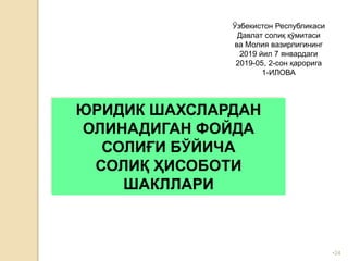 •24
Ўзбекистон Республикаси
Давлат солиқ қўмитаси
ва Молия вазирлигининг
2019 йил 7 январдаги
2019-05, 2-сон қарорига
1-ИЛОВА
ЮРИДИК ШАХСЛАРДАН
ОЛИНАДИГАН ФОЙДА
СОЛИҒИ БЎЙИЧА
СОЛИҚ ҲИСОБОТИ
ШАКЛЛАРИ
 