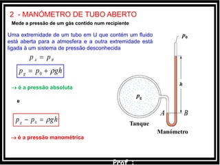 2 - MANÓMETRO DE TUBO ABERTO
Mede a pressão de um gás contido num recipiente
Tanque
Manómetro
p0
pg
h
ghppg  0
BA pp 
A B
Uma extremidade de um tubo em U que contém um fluido
está aberta para a atmosfera e a outra extremidade está
ligada à um sistema de pressão desconhecida
 é a pressão absoluta
e
ghppg
 0
 é a pressão manométrica
 