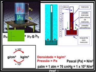 Pascal (Pa) = N/m²
patm = 1 atm = 76 cmHg = 1 x 105 N/m²
g/cm³ kg/m³
x 10³
÷ 10³
Densidade = kg/m³
Pressão = Pa
pH = μ1.g.h1 + μ2.g.h2
 