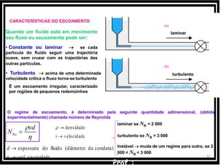 3232
CARACTERÍSTICAS DO ESCOAMENTO
laminar
turbulento• Turbulento  acima de uma determinada
velocidade crítica o fluxo torna-se turbulento
É um escoamento irregular, caracterizado
por regiões de pequenos redemoinhos
Quando um fluido está em movimento
seu fluxo ou escoamento pode ser:
• Constante ou laminar  se cada
partícula do fluido seguir uma trajectória
suave, sem cruzar com as trajectórias das
outras partículas.
O regime de escoamento, é determinado pela seguinte quantidade adimensional, (obtida
experimentalmente) chamada número de Reynolds
Re

vd
N 
adeviscosidcoef.
conduta)da(diâmetrofluidodoespessurad
laminar se NR < 2 000
turbulento se NR > 3 000
Instável  muda de um regime para outro, se 2
000 < NR < 3 000
evelocidadv
densidade
 
