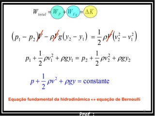42
 2
1
2
2
2
1
vvV  
2
2
221
2
11
2
1
2
1
gyvpgyvp  
 12 yyVg   Vpp 21 
KWWW FgPtotal 
constante
2
1 2
 gyvp 
Equação fundamental da hidrodinâmica  equação de Bernoulli
 