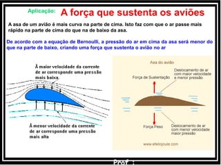 Aplicação:
A força que sustenta os aviões
A asa de um avião é mais curva na parte de cima. Isto faz com que o ar passe mais
rápido na parte de cima do que na de baixo da asa.
De acordo com a equação de Bernoulli, a pressão do ar em cima da asa será menor do
que na parte de baixo, criando uma força que sustenta o avião no ar
 