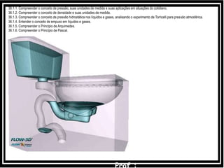 36.1.1. Compreender o conceito de pressão, suas unidades de medida e suas aplicações em situações do cotidiano.
36.1.2. Compreender o conceito de densidade e suas unidades de medida.
36.1.3. Compreender o conceito de pressão hidrostática nos líquidos e gases, analisando o experimento de Torricelli para pressão atmosférica.
36.1.4. Entender o conceito de empuxo em líquidos e gases.
36.1.5. Compreender o Princípio de Arquimedes.
36.1.6. Compreender o Princípio de Pascal.
 