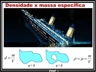 Densidade
Define-se densidade de um corpo pela razão entre sua massa (m) e o
seu volume (V).
Se o corpo for maciço e homogêneo, a densidade pode ser chamada
de massa específica (), dado pela expressão.
d = densidade absoluta (g/cm3)
m = massa (g)
V = volume (cm3)
V
m
 
Densidade x massa especifica
V
m
d 
3
36-
3
3
3
kg/m1000
m10
kg10
cm1
g1
g/cm1 

-33
mkgkg/m:S.I.unidade 
33
kg/dmg/cm:usualunidade 
 