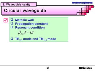 Microwave Engineering
3. Waveguide cavity

Circular waveguide

     Metallic wall
      Propagation constant
      Resonant condition
          β mn d = lπ
      TE111 mode and TM110 mode




                          20              EM Wave Lab
 