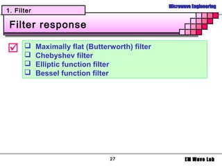 Microwave Engineering
1. Filter

 Filter response

     
      
            Maximally flat (Butterworth) filter
            Chebyshev filter
           Elliptic function filter
           Bessel function filter




                                  27                     EM Wave Lab
 
