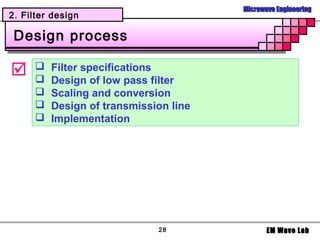 Microwave Engineering
2. Filter design

 Design process

     
      
          Filter specifications
          Design of low pass filter
         Scaling and conversion
         Design of transmission line
         Implementation




                              28               EM Wave Lab
 