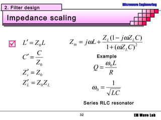 Microwave Engineering
2. Filter design

 Impedance scaling

                                   Z L (1 − jωZ L C )
       L′ = Z 0 L    Z in = jωL +
                                    1 + (ωZ L C ) 2

             C
        C′ =                     Example
             Z0                    ω0 L
                                Q=
         ′
        Zs = Z0                     R
          ′
        Z L = Z0Z L                    1
                               ω0 =
                                       LC
                           Series RLC resonator

                          32                       EM Wave Lab
 