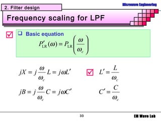 Microwave Engineering
2. Filter design

 Frequency scaling for LPF

      Basic equation
                              ω 
               PLR (ω ) = PLR  
                ′             ω 
                               c

             ω                              L
      jX = j    L = j ωL ′            L′ =
             ωc                             ωc
             ω                              C
      jB = j C = jωC ′                 C′ =
             ωc                             ωc

                              33                        EM Wave Lab
 
