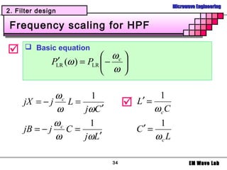 Microwave Engineering
2. Filter design

 Frequency scaling for HPF

      Basic equation
                              ωc 
               ′
              PLR (ω ) = PLR  − 
                              ω 

              ωc       1                     1
     jX = − j    L=                   L′ =
              ω     j ωC ′                  ω cC
              ωc      1                      1
     jB = − j C =                      C′ =
              ω     j ωL ′                  ωc L

                              34                          EM Wave Lab
 