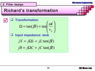 Microwave Engineering
2. Filter design

 Richard’s transformation

      Transformation
                                ωl 
            Ω = tan( βl ) = tan 
                               v 
                                p
       Input impedance: stub

            jX = jΩL = jL tan( βl )
            jB = jΩC = jC tan( βl )




                               38              EM Wave Lab
 