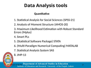 03/29/2025 03:30 PM 21
Data Analysis tools
Quantitative
1. Statistical Analysis for Social Sciences (SPSS-21)
2. Analysis of Moment Structure (AMOS-20)
3. Maximum Likelihood Estimation with Robust Standard
Errors (Mplus)
4. Smart PLs
5. (Statistical Software Package) STATA
6. (Multi-Paradigm Numerical Computing) MATALAB
7. Statistical Analysis System SAS
8. JMP-13
 