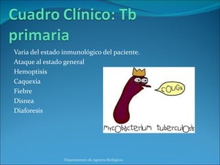 Varia del estado inmunológico del paciente. Ataque al estado general Hemoptisis Caquexia  Fiebre Disnea Diaforesis Departamento de Agentes Biológicos 