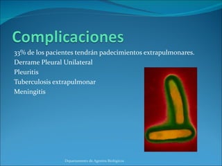 33% de los pacientes tendrán padecimientos extrapulmonares. Derrame Pleural Unilateral  Pleuritis Tuberculosis extrapulmonar Meningitis Departamento de Agentes Biológicos 
