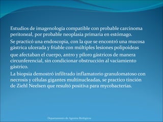 Estudios de imagenología compatible con probable carcinoma peritoneal, por probable neoplasia primaria en estómago. Se practicó una endoscopia, con la que se encontró una mucosa gástrica ulcerada y friable con múltiples lesiones polipoideas que afectaban el cuerpo, antro y píloro gástricos de manera circunferencial, sin condicionar obstrucción al vaciamiento gástrico. La biopsia demostró infiltrado inflamatorio granulomatoso con necrosis y células gigantes multinucleadas, se practico tinción de Ziehl Neelsen que resultó positiva para mycobacterias. Departamento de Agentes Biológicos 