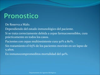 De Reserva a Malo. Dependiendo del estado inmunológico del paciente. Si se trata correctamente debida a cepas farmacosensibles, cura prácticamente en todos los casos. Pacientes con cepas multiresistente cura 50% a 80%. Sin tratamiento el 65% de los pacientes morirán en un lapso de 5 años. En inmunocompromeditos mortalidad del 90%. Departamento de Agentes Biológicos 