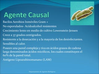 Bacilos Aerobios Inmóviles Gram + No esporulados- Acidoalcohol resistentes Crecimiento lento en medio de cultivo Lowenstein-Jensen Crece a 37 grados centígrados. Resistente a la desecación y a la mayoría de los desinfectantes. Sensibles al calor. Poseen una pared compleja y rica en ácidos grasos de cadena larga denominados ácidos micólicos, los cuales constituyen el 60% de la pared total. Antígeno Lipoarabinomanano (LAM)  Departamento de Agentes Biológicos 
