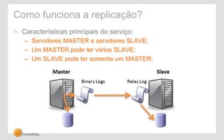 Como funciona a replicação? 
! Características principais do serviço: 
– Servidores MASTER e servidores SLAVE; 
– Um MASTER pode ter vários SLAVE; 
– Um SLAVE pode ter somente um MASTER; 
 