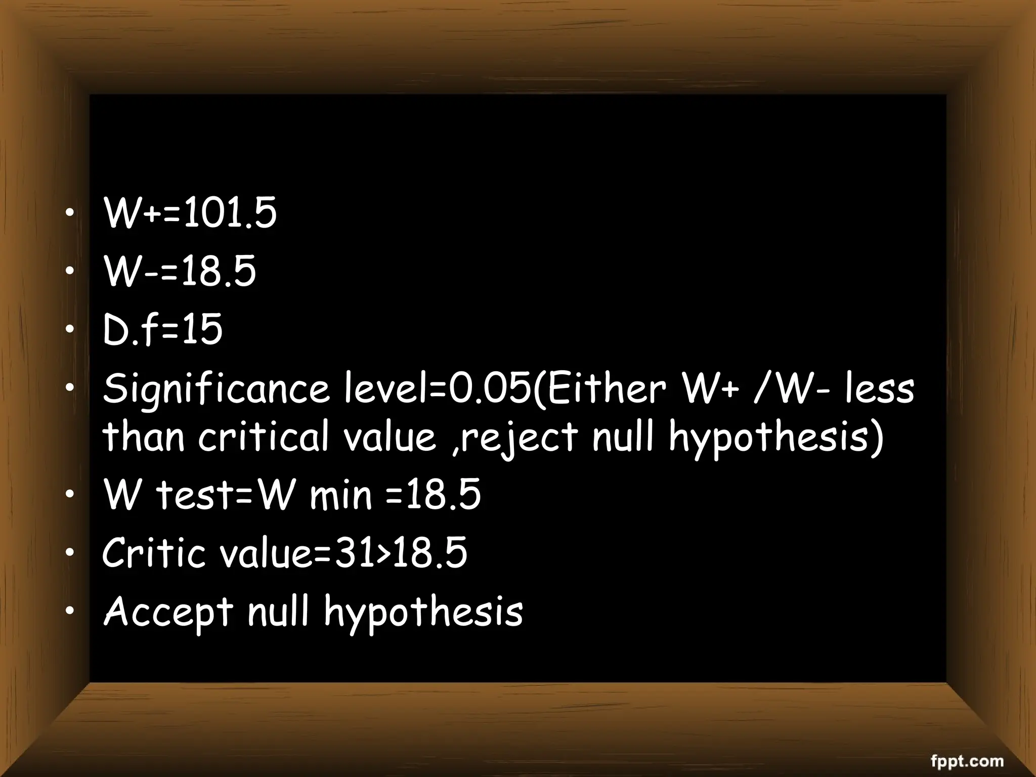 • W+=101.5
• W-=18.5
• D.f=15
• Significance level=0.05(Either W+ /W- less
than critical value ,reject null hypothesis)
• W test=W min =18.5
• Critic value=31>18.5
• Accept null hypothesis
 