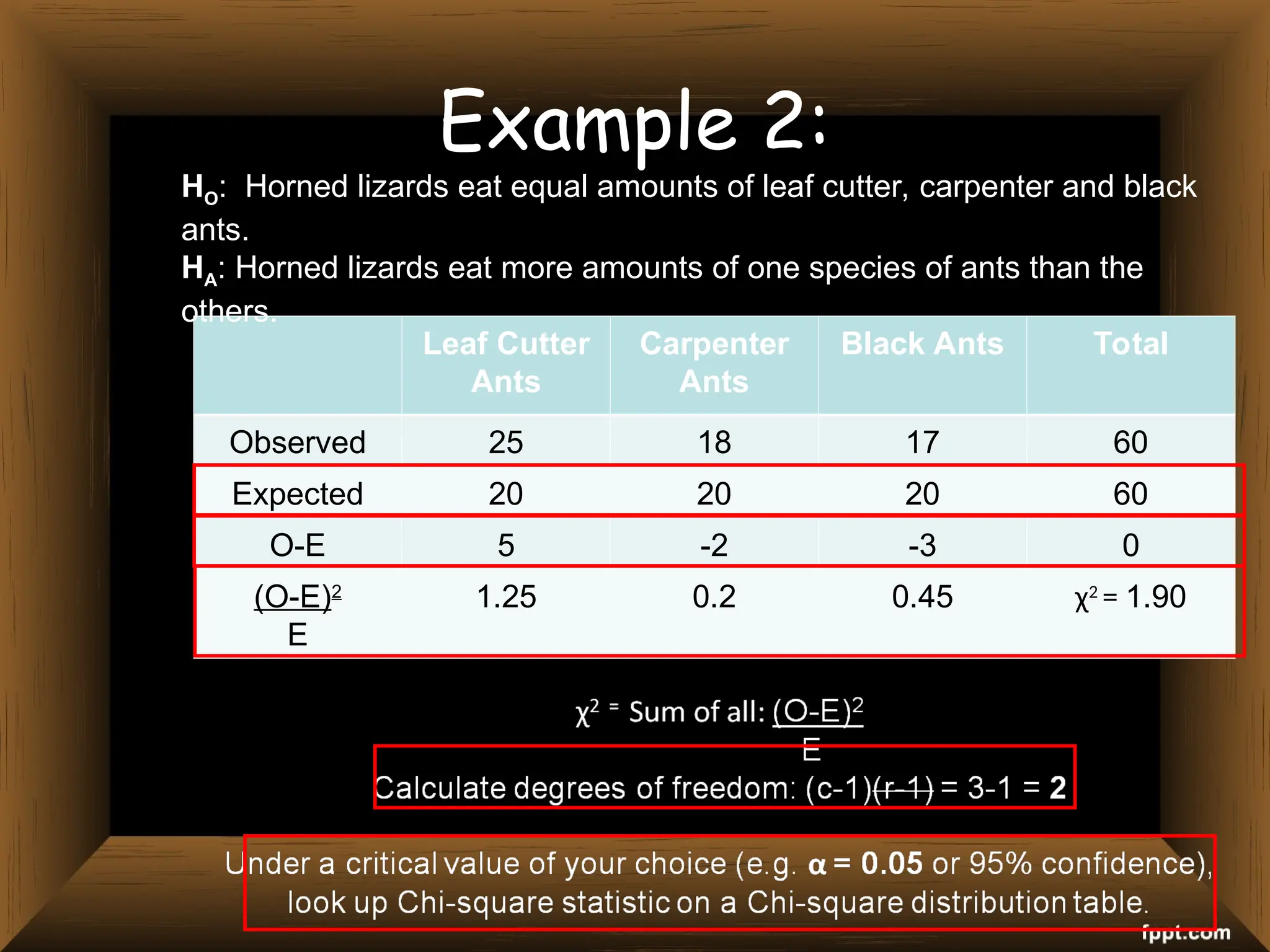 Example 2:
Leaf Cutter
Ants
Carpenter
Ants
Black Ants Total
Observed 25 18 17 60
Expected 20 20 20 60
O-E 5 -2 -3 0
(O-E)2
E
1.25 0.2 0.45 χ2
= 1.90
HO: Horned lizards eat equal amounts of leaf cutter, carpenter and black
ants.
HA: Horned lizards eat more amounts of one species of ants than the
others.
 