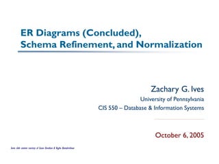 ER Diagrams (Concluded),
Schema Refinement, and Normalization
Zachary G. Ives
University of Pennsylvania
CIS 550 – Database & Information Systems
October 6, 2005
Some slide content courtesy of Susan Davidson & Raghu Ramakrishnan
 