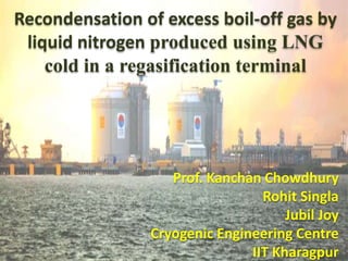 Recondensation of excess boil-off gas by
liquid nitrogen produced using LNG
cold in a regasification terminal
Prof. Kanchan Chowdhury
Rohit Singla
Jubil Joy
Cryogenic Engineering Centre
IIT Kharagpur
 