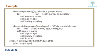 class employee1()://This is a parent class
def init (self, name, age, salary):
self.name = name
self.age = age
self.salary = salary
class childemployee(employee1)://This is a child class
def init (self, name, age, salary,id):
self.name = name
self.age = age
self.salary = salary
self.id = id
emp1 = employee1('harshit',22,1000)
print(emp1.age)
Output: 22
Example:
 