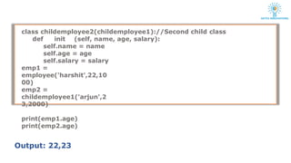 class childemployee2(childemployee1)://Second child class
def init (self, name, age, salary):
self.name = name
self.age = age
self.salary = salary
emp1 =
employee('harshit',22,10
00)
emp2 =
childemployee1('arjun',2
3,2000)
print(emp1.age)
print(emp2.age)
Output: 22,23
 