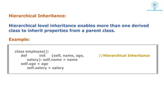 Hierarchical Inheritance:
Hierarchical level inheritance enables more than one derived
class to inherit properties from a parent class.
Example:
//Hierarchical Inheritance
class employee():
def init (self, name, age,
salary): self.name = name
self.age = age
self.salary = salary
 