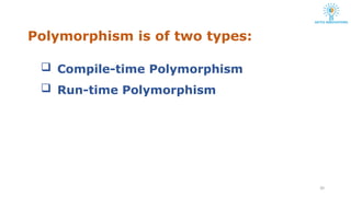 Polymorphism is of two types:
20
 Compile-time Polymorphism
 Run-time Polymorphism
 