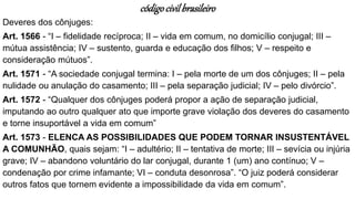 códigocivilbrasileiro
Deveres dos cônjuges:
Art. 1566 - “I – fidelidade recíproca; II – vida em comum, no domicílio conjugal; III –
mútua assistência; IV – sustento, guarda e educação dos filhos; V – respeito e
consideração mútuos”.
Art. 1571 - “A sociedade conjugal termina: I – pela morte de um dos cônjuges; II – pela
nulidade ou anulação do casamento; III – pela separação judicial; IV – pelo divórcio”.
Art. 1572 - “Qualquer dos cônjuges poderá propor a ação de separação judicial,
imputando ao outro qualquer ato que importe grave violação dos deveres do casamento
e torne insuportável a vida em comum”
Art. 1573 - ELENCA AS POSSIBILIDADES QUE PODEM TORNAR INSUSTENTÁVEL
A COMUNHÃO, quais sejam: “I – adultério; II – tentativa de morte; III – sevícia ou injúria
grave; IV – abandono voluntário do lar conjugal, durante 1 (um) ano contínuo; V –
condenação por crime infamante; VI – conduta desonrosa”. “O juiz poderá considerar
outros fatos que tornem evidente a impossibilidade da vida em comum”.
 