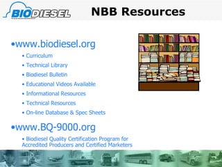NBB Resources www.biodiesel.org Curriculum Technical Library Biodiesel Bulletin Educational Videos Available Informational Resources Technical Resources On-line Database & Spec Sheets www.BQ-9000.org  Biodiesel Quality Certification Program for  Accredited Producers and Certified Marketers 