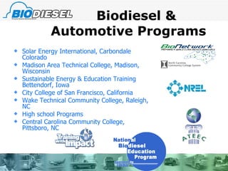 Biodiesel & Automotive Programs Solar Energy International, Carbondale Colorado Madison Area Technical College, Madison, Wisconsin Sustainable Energy & Education Training Bettendorf, Iowa  City College of San Francisco, California Wake Technical Community College, Raleigh, NC High school Programs Central Carolina Community College, Pittsboro, NC 