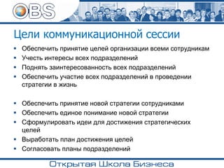 Цели коммуникационной сессии
▪ Обеспечить принятие целей организации всеми сотрудникам
▪ Учесть интересы всех подразделений
▪ Поднять заинтересованность всех подразделений
▪ Обеспечить участие всех подразделений в проведении
стратегии в жизнь
▪ Обеспечить принятие новой стратегии сотрудниками
▪ Обеспечить единое понимание новой стратегии
▪ Сформулировать идеи для достижения стратегических
целей
▪ Выработать план достижения целей
▪ Согласовать планы подразделений
 