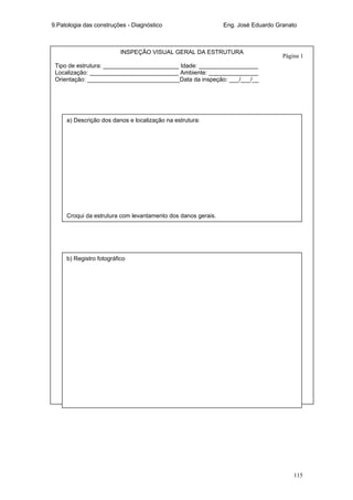 9.Patologia das construções - Diagnóstico Eng. José Eduardo Granato
115
INSPEÇÃO VISUAL GERAL DA ESTRUTURA
Tipo de estrutura: _______________________ Idade: __________________
Localização: ___________________________ Ambiente: _______________
Orientação: ____________________________Data da inspeção: ___/___/__
a) Descrição dos danos e localização na estrutura:
Croqui da estrutura com levantamento dos danos gerais.
b) Registro fotográfico
Página 1
 