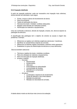 9.Patologia das construções - Diagnóstico Eng. José Eduardo Granato
117
9.2.2 Inspeção detalhada
A partir da inspeção preliminar, pode ser necessária uma inspeção mais criteriosa,
donde deverão ser abordado o que segue:
• Fichas, croquis e planos de levantamento de danos.
• Plano de amostras.
• Tabela de tipificação dos danos.
• Técnicas de ensaio / medição / análises adequadas.
• Regiões onde deverão ser realizados ensaios.
• Planificação de materiais e equipamentos.
Uma vez conhecida a estrutura, através da inspeção, ensaios, etc, deve-se separar as
patologias da estrutura.
A classificação das patologias tem o objetivo de orientar as causas e origem dos
problemas. Exemplo:
• Diferenciar as regiões com distintas exigências estruturais / mecânicas.
• Identificar as características originais do concreto.
• Diferenciar as distintas regiões submetidas a distintos meios agressivos.
• Estabelecer os graus de deterioração da estrutura ou seus elementos.
Deve-se também selecionar:
• Técnicas e regiões de ensaio, medições e análises.
• Plano de utilização de materiais e equipamentos.
• Plano de execução da inspeção detalhada.
• Ensaios a realizar.
o Concreto
Resistividade
Esclerometria
Ultra-som
Profundidade de carbonatação
Concentração de cloretos
Resistência à compressão
Porosidade
o Armadura
Localização e espessura de recobrimento
Perda de diâmetro e seu limite elástico
Medição de potenciais
Medição da velocidade de corrosão.
A tabela abaixo mostra as técnicas mais comuns de avaliação:
 