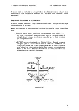 9.Patologia das construções - Diagnóstico Eng. José Eduardo Granato
123
O ensaio é útil na avaliação da homogeneidade global do concreto na estrutura pela
determinação das resistências relativas nos concretos das diferentes peças
estruturais.
Resistência do concreto ao arrancamento
O ensaio consiste em medir a carga última necessária para a extração de uma peça
metálica inserida no concreto.
Existe uma variedade de equipamentos e formas de aplicação das cargas, podendo-se
citar:
• Teste da fratura interna, conhecido comercialmente como CAPO-TEST,
em que é utilizado um torquímetro para medir a carga necessária à
extração de um parafuso com luva de expansão, que se dilata à medida
que a carga é aplicada.
• LOK-TEST, comumente utilizado nos Estados Unidos e Canadá, em que o
esforço é aplicado por meio de um macaco hidráulico e medido em um
dinamômetro, sendo que a peça metálica extraída do concreto apresenta
uma “cabeça” na extremidade embutida. Este ensaio é normalizado pela
ASTM C 900 Pullout Strength of Hardened Concrete (Resistência ao
Arrancamento do Concreto Endurecido).
CAPO-TEST
 