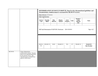 ML104-94 Claims Administrator
reimbursement rational: “Payment
based on pre-negotiated agreement
for this specific service,” and
“Reimbursement of $3500.00 per
adjusters authorization.”
ANALYSIS AND FINDING
Based on review of the case file the following is noted:
ISSUE IN DISPUTE : Provider disputing Med-Legal ML104-94 reimbursement for services performed on 05/20/2013.
Claims Administrator reimbursement rational: “Payment based on pre-negotiated agreement for this specific service,” and
“Reimbursement of $3500.00 per adjusters authorization.”
Authorization, dated May 3, 2013 for Med -Legal services addressed to the Provider, from the Claims “Adjuster,” requesting
“AME” evaluation regarding the following issues: a) Permanent and stationary status b) The extent and scope of medical
treatment & c) the level of permanent disability
May 3, 2013 AME Evaluation Authorization did not reference a contractual agreement /pre-negotiated rate, between the
Provider and Claims Administrator for Med-Legal services.
Letter to IBR dated August 7, 2014 from the Claims Administrator stated the payment for Med-Legal service “should have came
(come) from... with a specific negotiated rate.”
 