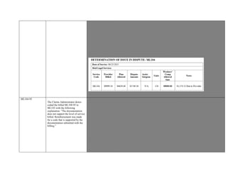 4610. Criteria Not Met.
Four (4) Complexity Factors Abstracted From QME Report.
ML104 requires: (1) An evaluation which requires four or more of the complexity factors listed under ML 103; In a separate
section at the beginning of the report, the physician shall clearly and concisely specify which four or more of the complexity
factors were required for the evaluation, and the circumstances which made these complexity factors applicable to the evaluation.
Provider’s report documents face-to-face time, review of records, Causation, Apportionment and is a psychological evaluation.
Criteria met for ML104, recommend reimbursement for documented service ML104.
Provider appended modifier -94: Evaluation and medical-legal testimony performed by an Agreed Medical Evaluator. Where
this modifier is applicable, the value of the procedure is modified by multiplying the normal value by 1.25. Provider was not
requested as the AME but the QME. Increased service value not warranted.
Based on the aforementioned documentation and guidelines, additional reimbursement is warranted for ML104
ML104-95
The Claims Administrator down-
coded the billed ML104-95 to
ML103 with the following
explanation: “The documentation
does not support the level of service
billed. Reimbursement was made
for a code that is supported by the
documentation submitted with the
billing.”
Provider disputing reimbursement for ML104-95. Claims Administrator Reimbursed $937.50, Provider submitted $3,125.00.
Provider is seeking full remuneration for services rendered.
The Claims Administrator down-coded the billed ML104-95 to ML103 with the following explanation: “The documentation
does not support the level of service billed. Reimbursement was made for a code that is supported by the documentation
submitted with the billing.”
The Provider, an Orthopedic Specialist, was requested by Legal Parties in the matter of (Injured Worker) v. (Employer/Claims
Administrator) to perform a medical evaluation and render a medical opinion on the Injured Worker. The request is dated
December 27, 2013.
On January 14, 2014 the injured Worker was evaluated by The Provider as requested.
The provided documentation entitled “Qualified Medical Evaluation” was reviewed and compared to the guidelines as dictated
in the Med-Legal OMFS. The OMFS determines the level of a Medical Legal Evaluation by Complexity Factors. The following
complexity factors were abstracted from the QME Report:
1.Four or more hours spent on any combination of two complexity factors (1)-(3), which shall count as two complexity factors.
Any complexity factor in (1), (2), or (3) used to make this combination shall not also be used as the third required complexity
factor.
Criteria Met–The Provider Reports: “65 Minutes face to face time,” and “8 hour(s) of record review time.” Addressing the issue
of medical causation upon written request of the party or parties requesting the report, or if a bona fide issue of medical causation
is discovered in the evaluation.
 