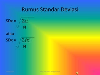 Rumus Standar Deviasi
SDx = Σx2
N
atau
SDx = Σƒx2
N
10/06/2014 9http://mufaesa.blogspot.com
 