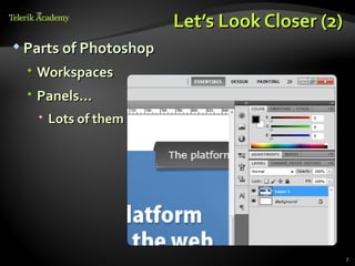 Let’s Look Closer (2)
 Parts of Photoshop

  Workspaces
  Panels…
    Lots of them




                                               7
 
